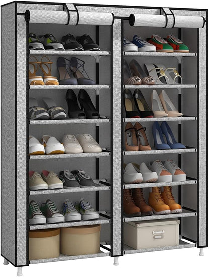 JIUYOTREE 7-Tier Shoe Rack Storage Organizer with Dustproof Cover Closet Cabinet Shelf Holds up to 28 Pairs for Doorway Corridor Balcony Living Room Ash Gray