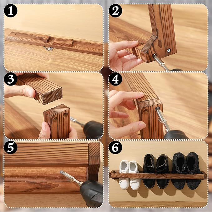 Wenqik 4 Pcs Wall Mounted Wooden Shoe Rack 30 Inch Rustic Wood Wall Hanging Shoe Rack Space Saving Footwear Holder Shoes Storage Organizer for Mudroom, Entryway, Closet (Burnt Wood)