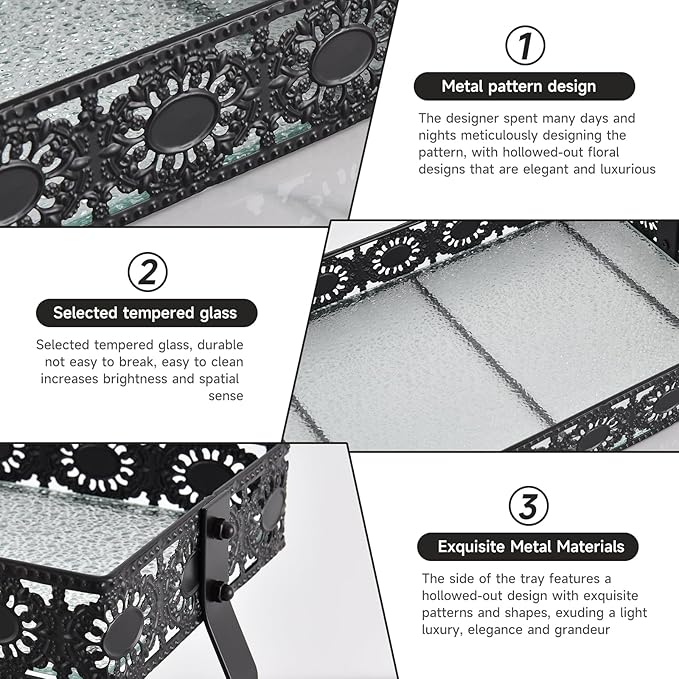 xiaojuande-Two Layer Glass Storage Tray with Portable Dressing Table Skin Care Product Organization Rack Corner Storage Rack for Bathroom Counter High-end Light - (Black)
