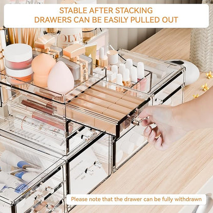 Yieach 3 Pack Clear Makeup Organizer Countertop for Dresser,Vanity and Bathroom Counter Organizer,Tiered Stackable Makeup Acrylic Organizers with 9 Drawer for Skincare,Brush and Make up Holders