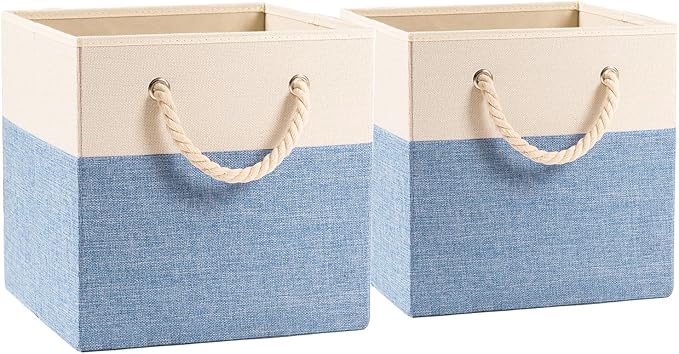 PRANDOM Large Foldable Cube Storage Bins 13x13 inch [2-Pack] Fabric Linen Storage Baskets Cubes Drawer with Cotton Handles Organizer for Shelves Nursery Closet Bedroom Beige/Blue
