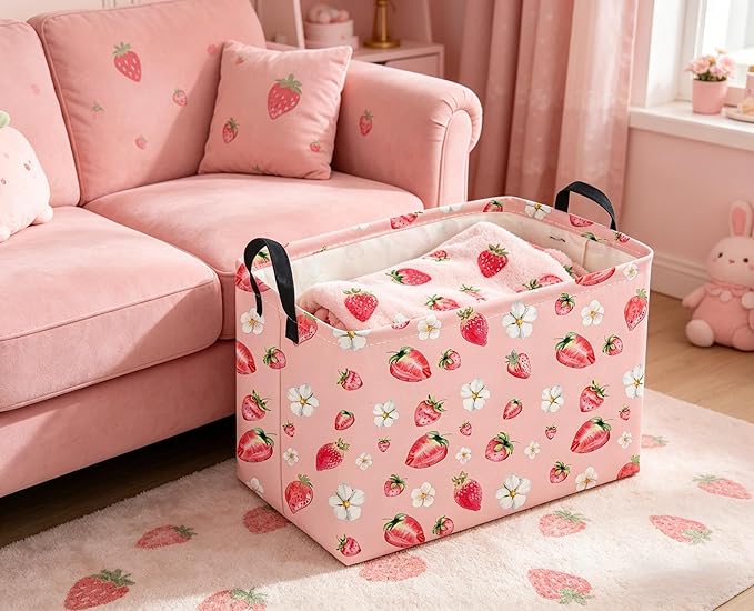 Sanjiaofeng Rectangular Strawberry Storage Baskets Baby Girl Basket Kids Baby Storage Basket Waterproof Collapsible Storage Bin Cute Organizer Box Girl Room Decor(Strawberry)