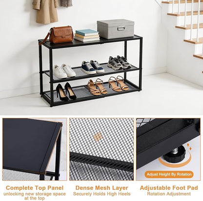 Expandable Shoe Rack,3 Tier Adjustable Metal Shoe Shelf for Closet,Sturdy Free Standing Shoe Storage for Door Entrance,Bedroom,Small Spaces,Black