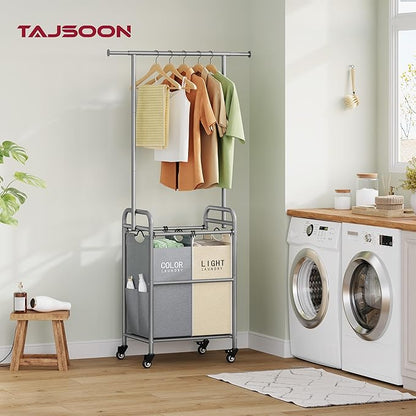 Tajsoon Laundry Sorter with Hanging Rack, 2 Section Rolling Laundry Hamper with Lockable Wheels and Removable Bag, Beige & Gray