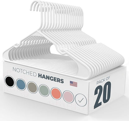 Plastic Hangers 20 Pack – Made in The USA – 6lb Capacity Standard Clothes Hangers with Notches and Reinforced Edges for Dresses, Lingerie, Shirts, Pants, and Jackets – White