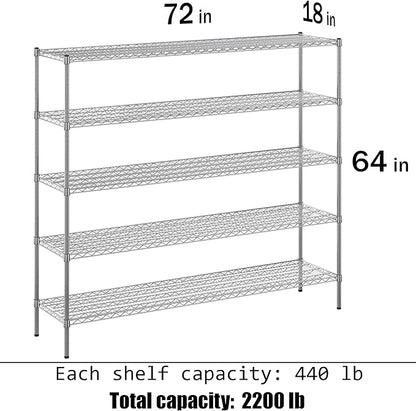 18" Deep x 72" Wide x 74" Height Wire Shelving Kit | 5-Tier | NSF Commercial Storage Rack Unit