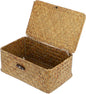 Hipiwe Wicker Shelf Baskets Bin with Lid, Handwoven Seagrass Basket Storage Bins Rectangular Household Basket Boxes for Shelf Wardrobe Home Organizer, Caramel Small