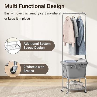 ELYKEN Laundry Cart with Hanging Rack, Rolling Laundry Hamper with Wheels, Laundry Basket with Removable Liner Bag and Shelf, Sturdy Metal Frame Dirty Clothes Basket for Hotel, Home, Closet, Dorm