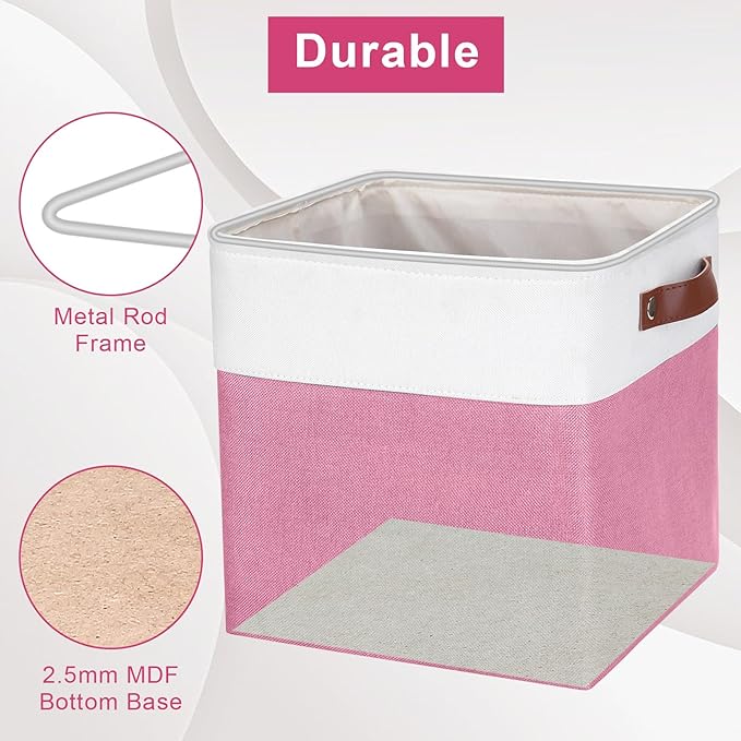 Bagnizer Collapsible Fabric Storage Cubes 11x11 Cube Storage Bins, 4 Pack Closet Baskets Box with Handles for Organizing, Shelf, Toys, Clothes, Home, Office, Nursery (Pink&White)