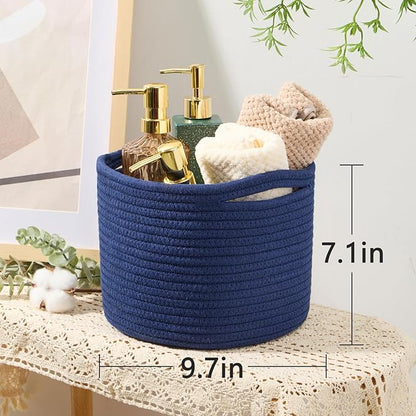 MiniArk Small Basket for Organizing | Cube Shelf Closet Storage Baskets | 9.7×9.7×7.1” | Woven Rope Gift Basket | Nursery | Round 3 Packs Navy Blue