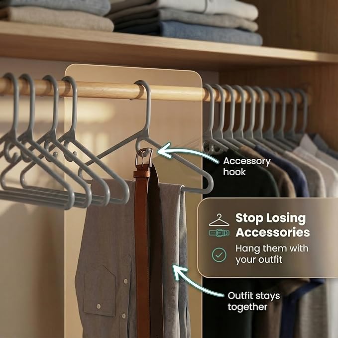 DEILSY™ Gray Heavy Duty Hangers with Hooks for Scarves & Belts – Thick and Strong Clothes Hangers for Shirts, Jackets, Pants, and Dresses – Space-Saving Plastic Hangers – Pack of 50
