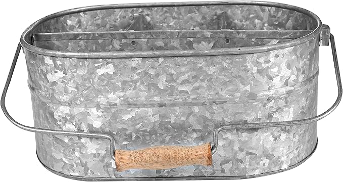 Goroly Home Galvanized Metal Caddy Storage Bin with Wooden Handle, 4 Compartments, Rustic Farmhouse Decor for Kitchen, Garden, Patio, Laundry Room (Antique Grey)