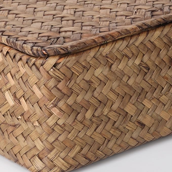 Moosky Wicker Shelf Baskets with Lid,Handwoven Seagrass Basket for Storage Basket Bins Rectangular Home Organizer Gift Boxes (Coffee Set of 2)