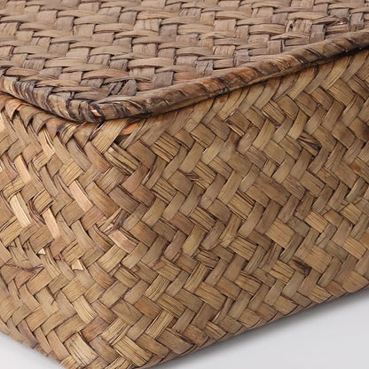 Moosky Wicker Shelf Baskets with Lid,Handwoven Seagrass Basket for Storage Basket Bins Rectangular Home Organizer Gift Boxes (Coffee Set of 2)