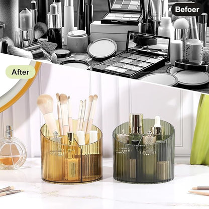 DASITON 3 Slots Makeup Brush Holder, Acrylic Makeup Brush Cup, Vintage Striped Make Up Brush Holder for Vanity Decor, Bathroom Countertops, Desk Storage Container, Cosmetic Display Cases (Yellow)