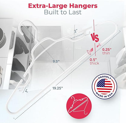 Large & Wide Heavy Duty Clothes Hangers 30 Pack – Made in USA – Ideal for Plus Size Clothing – 10lb Plastic Hangers with Notches for Oversized Adult Coats & Pants – White