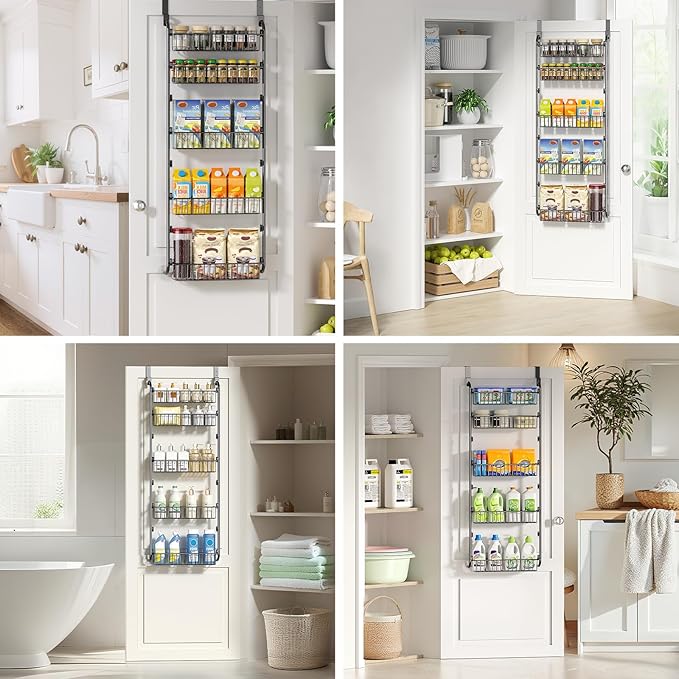 Delamu Over The Door Pantry Organizer, 5-Tier Pantry Door Organizers and Storage with Adjustable Basket, Metal Hanging Spice Rack, Seasoning Organizer, Door Organizer for Home Kitchen Bathroom, Black
