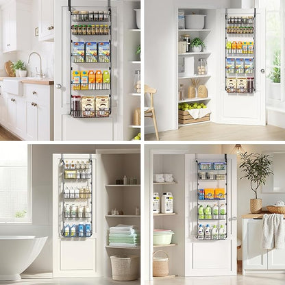 Delamu Over The Door Pantry Organizer, 5-Tier Pantry Door Organizers and Storage with Adjustable Basket, Metal Hanging Spice Rack, Seasoning Organizer, Door Organizer for Home Kitchen Bathroom, Black