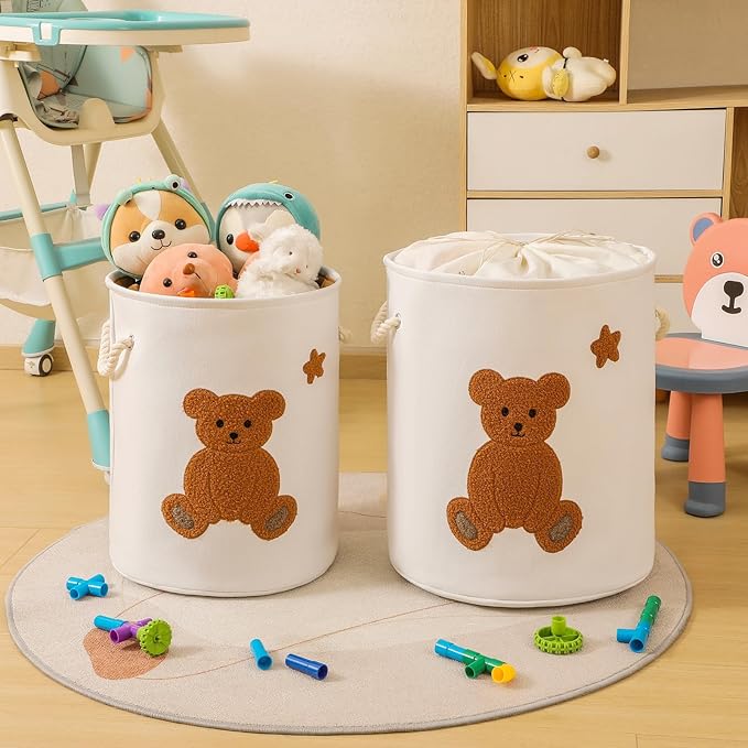 Kids Laundry Basket Nursery Hamper Baby Laundry Basket Stuffed Animal Toys Storage Baskets for Toddler Room Decor, Dirty Clothes Hampers with Drawstring Closure for Bedroom/Living Room/Nursery, Bear