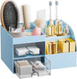 Makeup Organizer with 2 Drawers, Makeup Organizers Countertop for Vanity and Bathroom, Make up organization and Skincare Storage with Brush Holder, for Dresser, Desktop, Cosmetic Display Case (Blue)