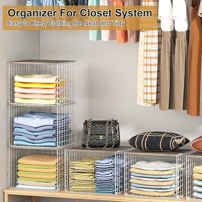 6 Pack Closet Organizers And Storage, Stackable Closet Shelf Organizer Storage Bin Basket For Clothes Sweaters With Top Board, Widened Opening, Heightened Height, Large Capacity, Sturdy, Space-saver