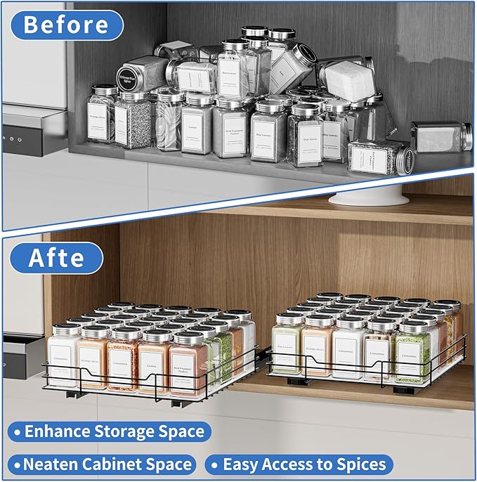 BOIVSHI Pull Out Spice Rack, Slide Out Spice Rack for Cabinet, Spice Organizer for Kitchen and Pantry, Fits Spices, Sauces, Canned Food (10.5''Wx10.5''Dx2.5''H)