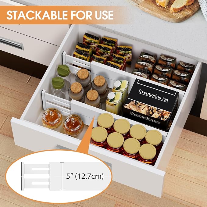 Bamboo Drawer Dividers Organizers, Kitchen Drawer Organizer, Adjustable Drawer Divider for Clothes, Kitchen, Dresser, Bedroom, Bathroom and Office, 4-Pack (White, 12-17 IN)