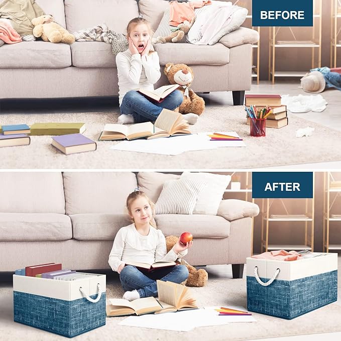 Fab totes Storage Bins 6-Pack, Foldable Storage Baskets for Organizing Toys, Books, Shelves, Closet, Large Storage Box with Rope Handles, Sturdy Organizer Bins, White & Blue