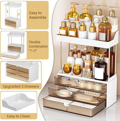 caktraie 2 Pack Bathroom Organizers and Storage - 3 Drawers 2 Tier Makeup Organizer, Cosmetic Storage Drawer for Dresser Countertop and Bathroom Vanity for Large Skincare, Perfume, Amber