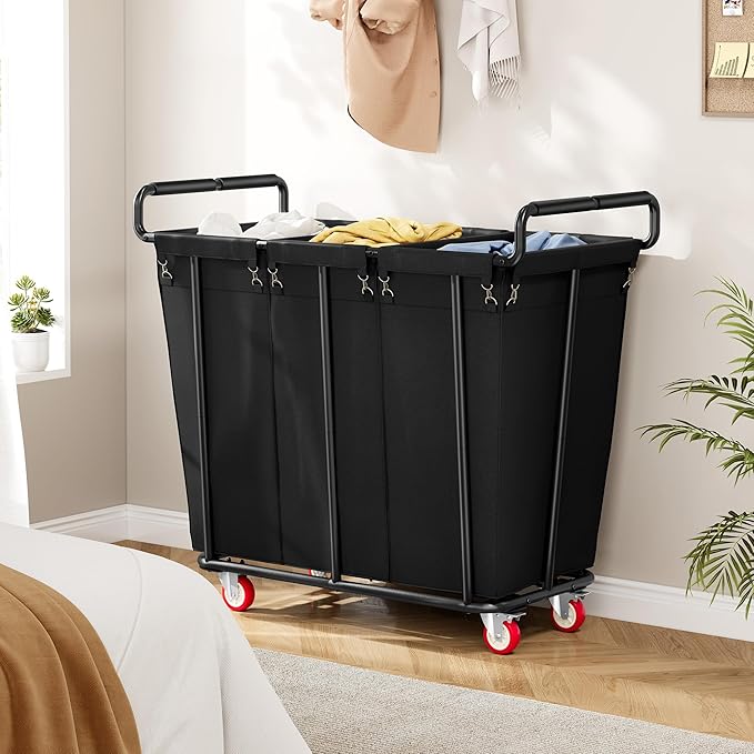 Gewudraw Large laundry hamper with Wheels, 360L 3 Bag Big Rolling Laundry Hamper Sorter Cart, Extra Large Laundry Clothes Hamper, Heavy Duty Laundry Basket Organizer for Laundry Room,Bathroom,Black