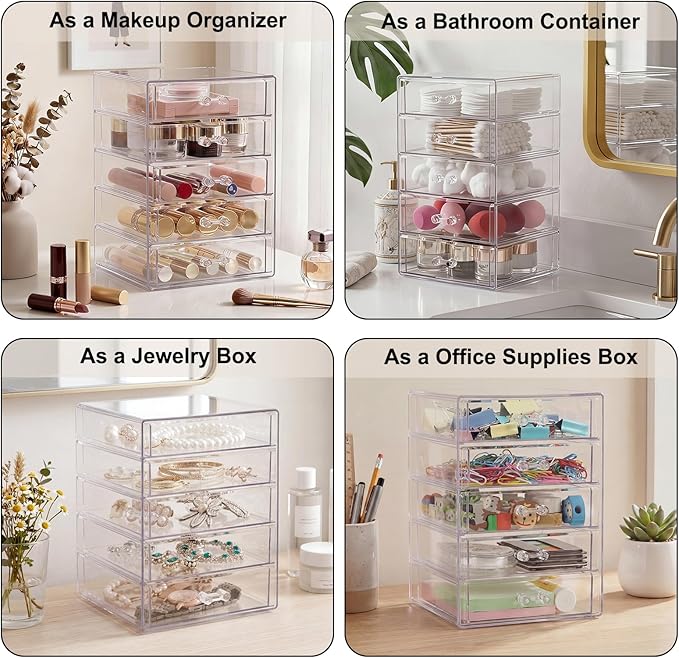 ELLDOO Rollerball Perfume Organizer with 5 Drawer, Clear Acrylic Perfume Storage Holder Beauty Scent Holder, Makeup Lipgloss Lipstick Display Case Office Supplies Box