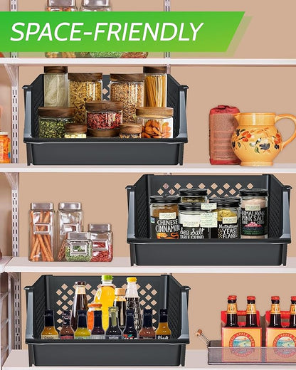 TidyFriend 4 Pk Large Stackable Storage Bins Open Front for Pantry Organizers and Storage, Pantry Storage for Food, Kitchen and Home Organization, Plastic Storage Bins, Dorm Room Essentials (Black)