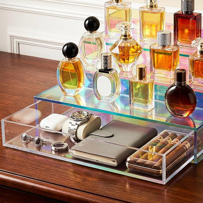 Cologne Organizer for Men with Drawer Acrylic Cologne Stand for Men 4-Tier Cologne Display Shelf Cosmetic Display Case, Iridescent