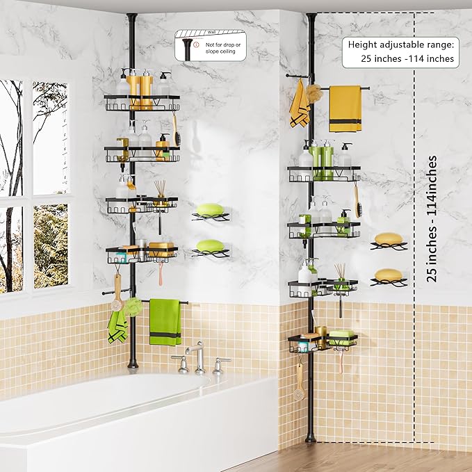 DAOYA Shower Caddy Tension Pole, 4 Adjustable Corner Shower Caddy with 2 Towel Bars & 2 Soap Holders, Expands 25 to 114.2 Inches, Black Stainless Steel for bathroom/Tub/Corner