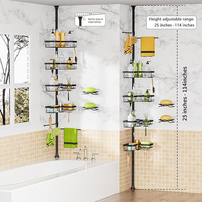 DAOYA Shower Caddy Tension Pole, 4 Adjustable Corner Shower Caddy with 2 Towel Bars & 2 Soap Holders, Expands 25 to 114.2 Inches, Black Stainless Steel for bathroom/Tub/Corner