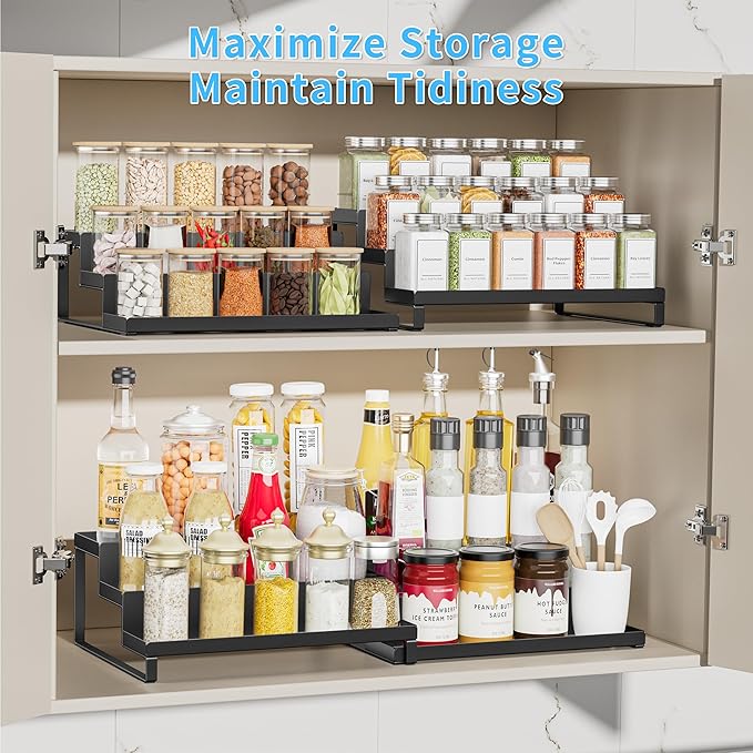 BOIVSHI Spice Rack Organizer for Cabinet, Expandable 3 - Tiered Spice Rack, Metal Spice Organizer, Spice Shelf Organizer for Cabinet, Countertop, Pantry, Cupboard, Black