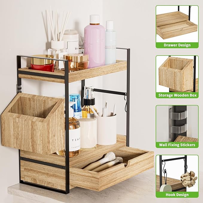 Kottwca 2-Tier Bathroom Counter Organizer with Drawer, Basket & Hooks, Wooden Vanity Shelf for Skincare, Perfume & Makeup Storage(Light Brown)