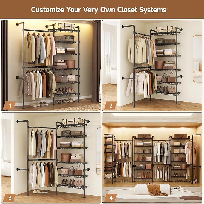 Wall Mounted Garment Rack, Walk-in Closet System with Expandable Rods, Adjustable Shelves, Industrial Pipe Clothing Racks, Hanging Clothes Organizers and Storage, Metal Closet Shelving Wardrobe