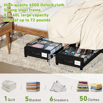 Tututry Under Bed Storage with Wheels, XXL 60L Under the Bed Storage Bins, Underbed Storage Containers with Lids & Label, Rolling Metal Drawer for Shoes, Clothes, Books, Toys (2-Pack Black)