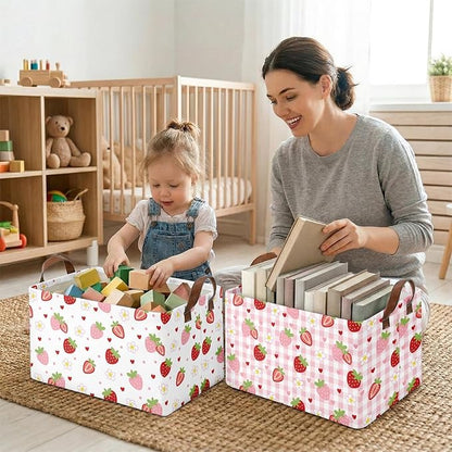 3 Pack Strawberry Storage Baskets for Gifts Strawberry Empty Large Collapsible Toy Storage Bins Box Pink Canvas Baskets Organizer with Handles Cute Nursery Decor Laundry Basket for Shelves Closet