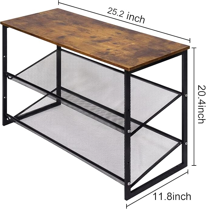 Garden 4 you Shoe Rack for Entryway 3 Tiers 11.8" D x 25" W x 20" H, Metal Shoe Rocks with Brown Wooden Tabletop, Angled Shoes Rack with Adjustable Mesh Shelves for Entryway Hallway Closet