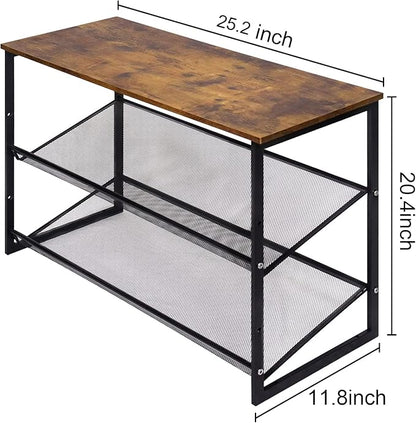 Garden 4 you Shoe Rack for Entryway 3 Tiers 11.8" D x 25" W x 20" H, Metal Shoe Rocks with Brown Wooden Tabletop, Angled Shoes Rack with Adjustable Mesh Shelves for Entryway Hallway Closet