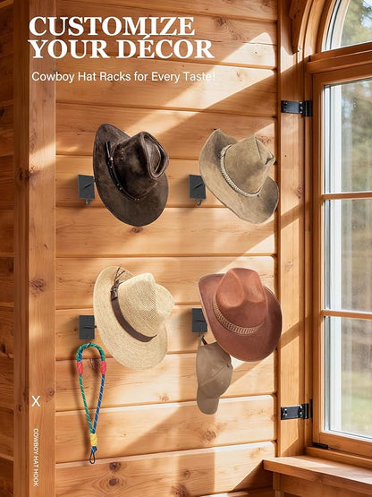 Cinati Cowboy Hat Rack for Wall 4 Pack, Cowboy Hat Holder Wall Mount, Western Rustic Metal Hats Hanger Hooks Organizer for Fedora,Sun Hats,Wide Brim, Extra Hooks for Baseball Caps,Western Room Decor