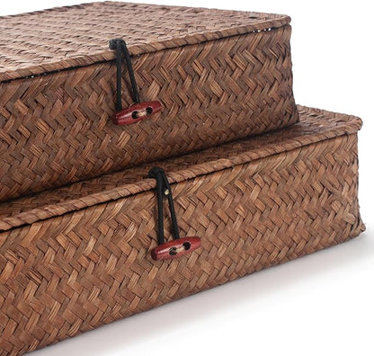 Seagrass Storage Basket Bins with Lid Rectangular Woven Shelf Baskets for Organize Snack Toys Set of 2 (Large+Small) (Coffee)