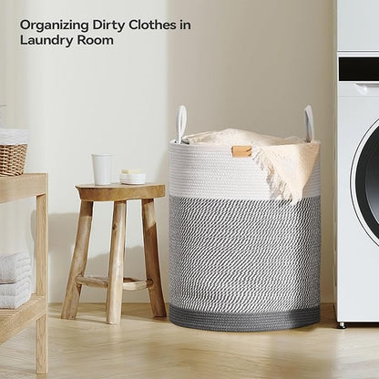 Nunsino Laundry Hamper 95L,Large Laundry Basket for Clothes,Decorative Storage Basket for Blankets,Cotton Rope Woven basket for bedroom,Grey White