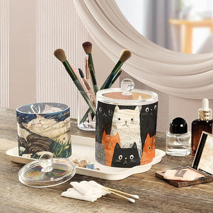 2 Pack Qtip Dispenser Apothecary Jars with Lids Cotton Round Holder Bathroom Canisters for Cotton Swab Floss Ball Pads Clear Plastic Decorative Cat and Starry Night Ragdoll