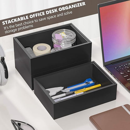 Kitchen Drawer Organizer Bins, Stackable Bamboo Drawer Organizer for Silverware, Flatware, Deep Office Desk Organizer Tray, Desktop Pen, Office Organization Black 9" x 6" x 2.5"(Set of 2)