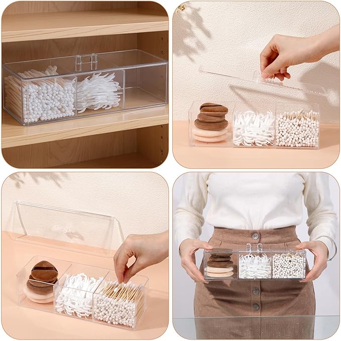 3 Pack Clear Acrylic Organizer with Lid, 3 Compartments Cotton Ball and Swab Holder Jar, Waterproof Bathroom Storage Containers for Vanity, Makeup Pads, Cosmetics, 8.94x3.54x2.56 Inch