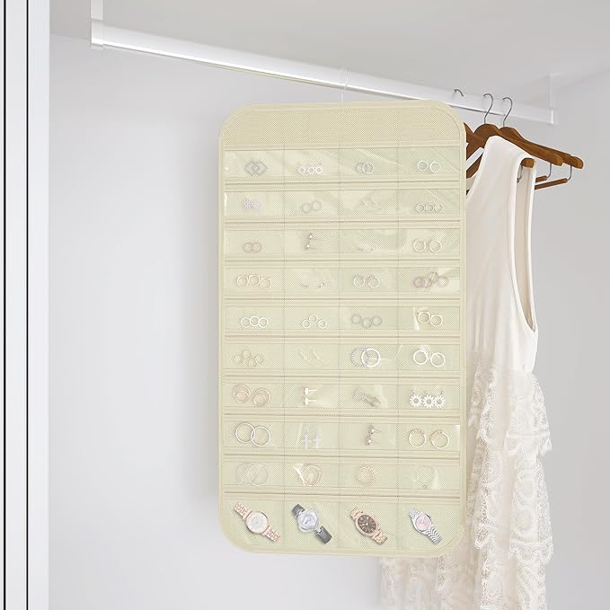 Hanging Jewelry Organizer Storage, 40 Pockets 36 Hooks Necklace Earring Bracelet Ring Organizer, Double - Sided Design, Beige