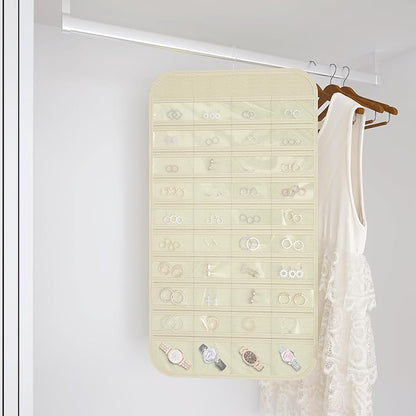 Hanging Jewelry Organizer Storage, 40 Pockets 36 Hooks Necklace Earring Bracelet Ring Organizer, Double - Sided Design, Beige